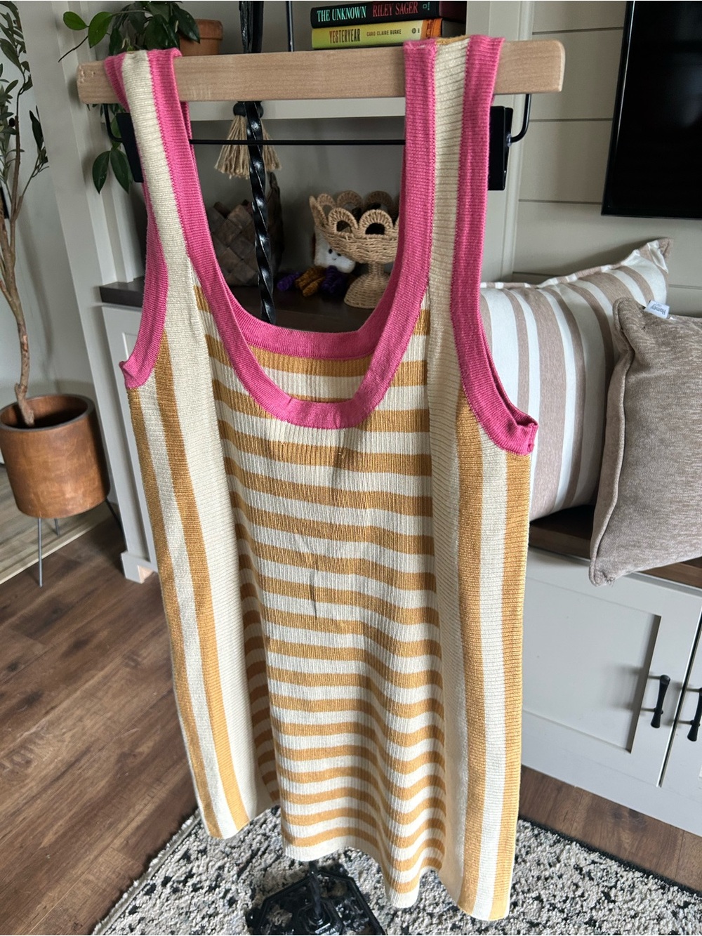 Striped Knit Sweater Dress in Mustard, Cream & Pink Trim - Picture 5 of 5